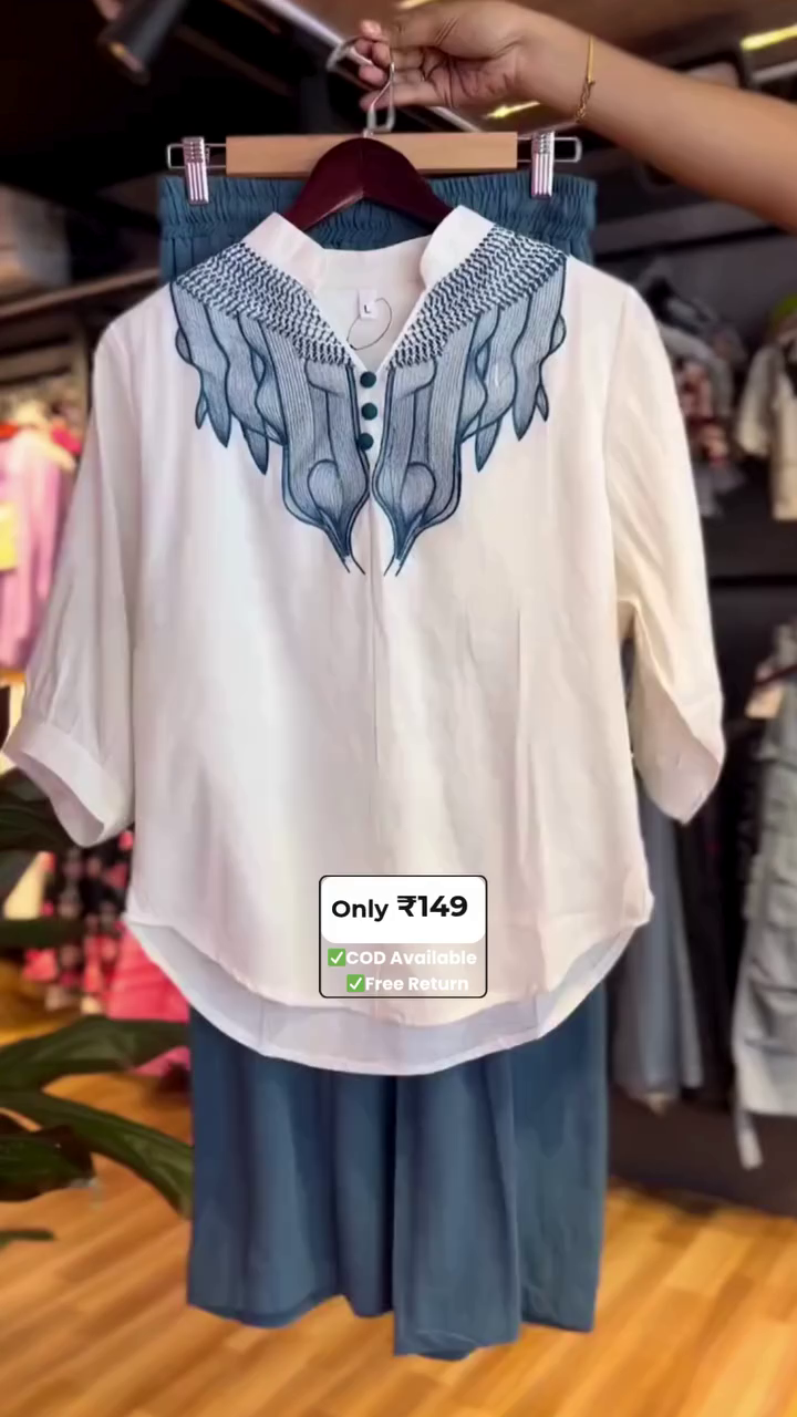 Indigo Drift: Embroidered High-Low Shirt & Wide-Leg Set