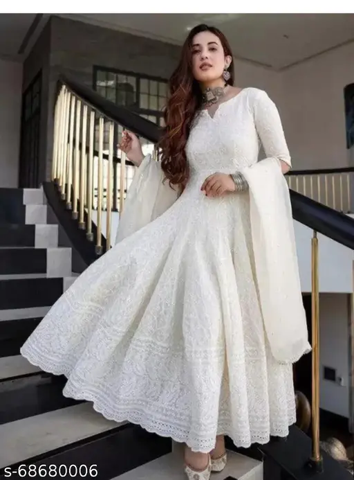 STYLISH LAKHNAVI FAMOUS CHIKANKARI LONG ANARKALI KURTA WITH STYLISH CHANDERI SILK DUPATTA( ANARKALI KURTA WITH DUPATTA)