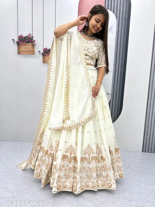 Embroidered Round-Neck Semi-Stitched Lehenga & Unstitched Blouse With Dupatta