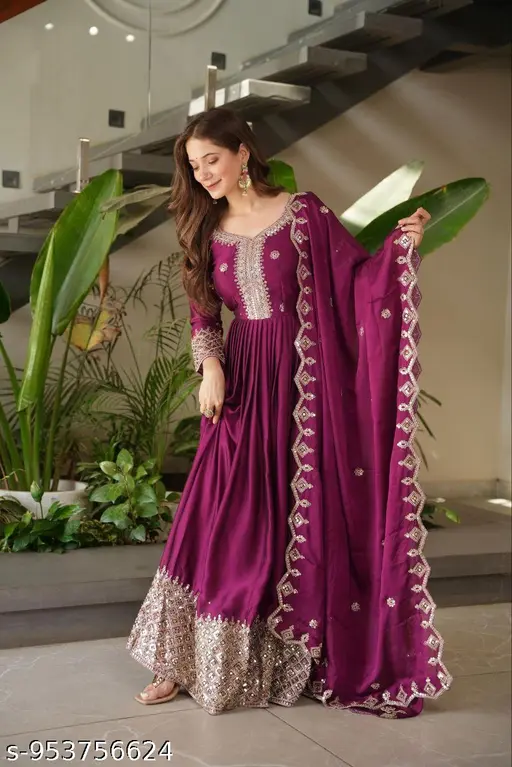 Women Georgette Embroidered Anarkali Gown with Dupatta || Women’s Festive Wear Anarkali Gown with Heavy Embroidery || Wedding Special Embroidered Gown Set for Women