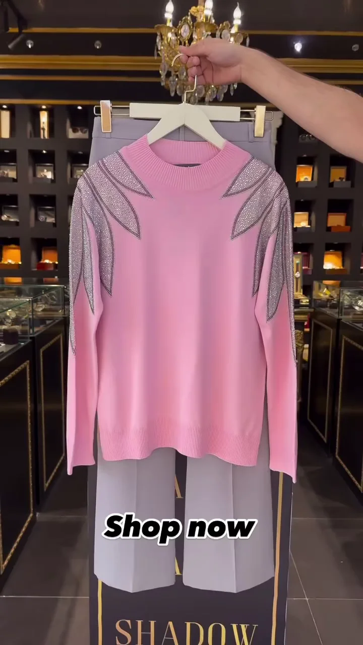 Women's Elegant Pink Rhinestone Embellished Sweater & Tailored Grey Trousers Two-Piece Co-Ord Set - Premium Winter Party Wear Outfit