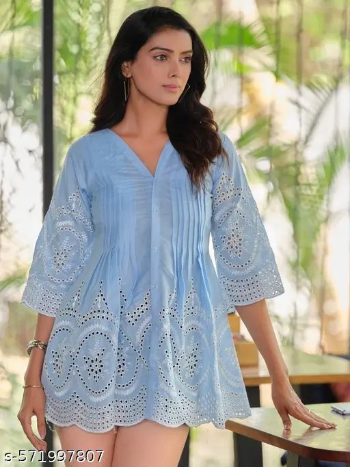 Vintage Ethnic Heavy Chikankari Ruffle Cotton Tunic For Women