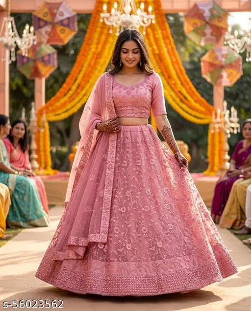 Pink Designer Bridal Net Wedding Lehenga Choli