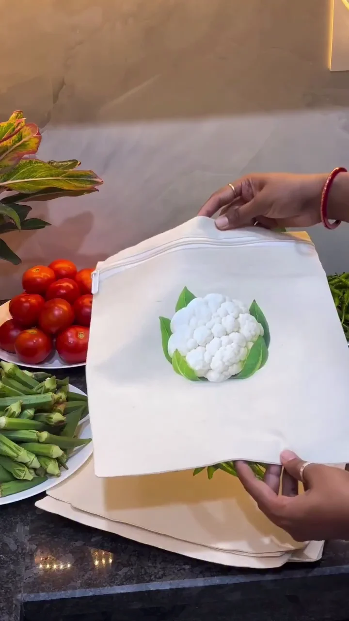 Eco-Friendly Reusable Cotton Vegetable Storage Bags with Zipper - Breathable Fridge Organizer Mesh Bags for Fresh Produce