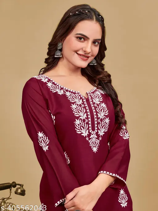 Kalavrund Creation Women's Rayon Chikankari Embroidered Short Kurti | Lucknowi Work Kurta