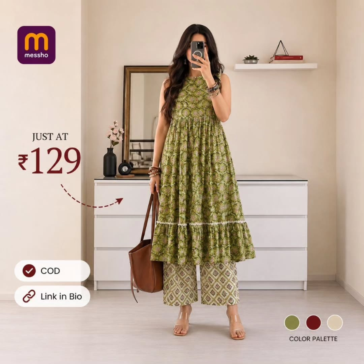 Woman Green White Printed Flared Kurta Set