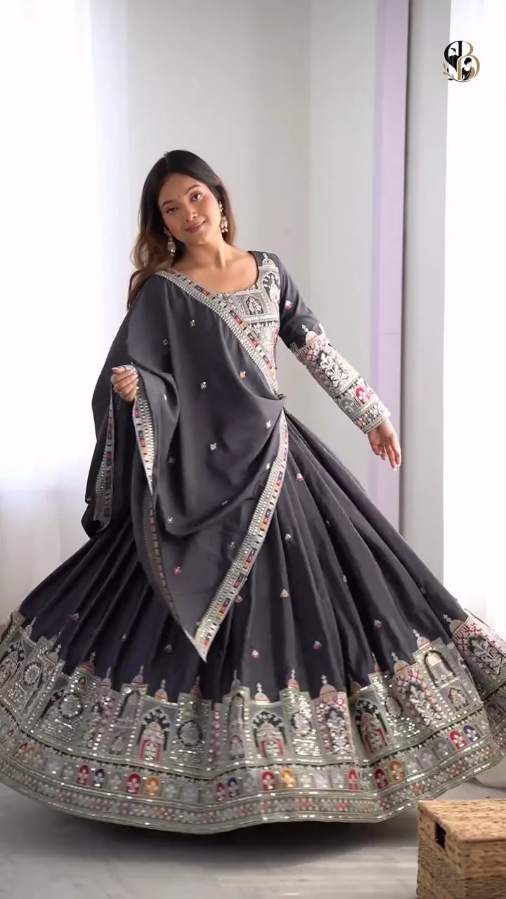 Women's Charcoal Grey Embroidered Anarkali Suit Set with Mirror Work & Heavy Dupatta - Designer Ethnic Festive Gown