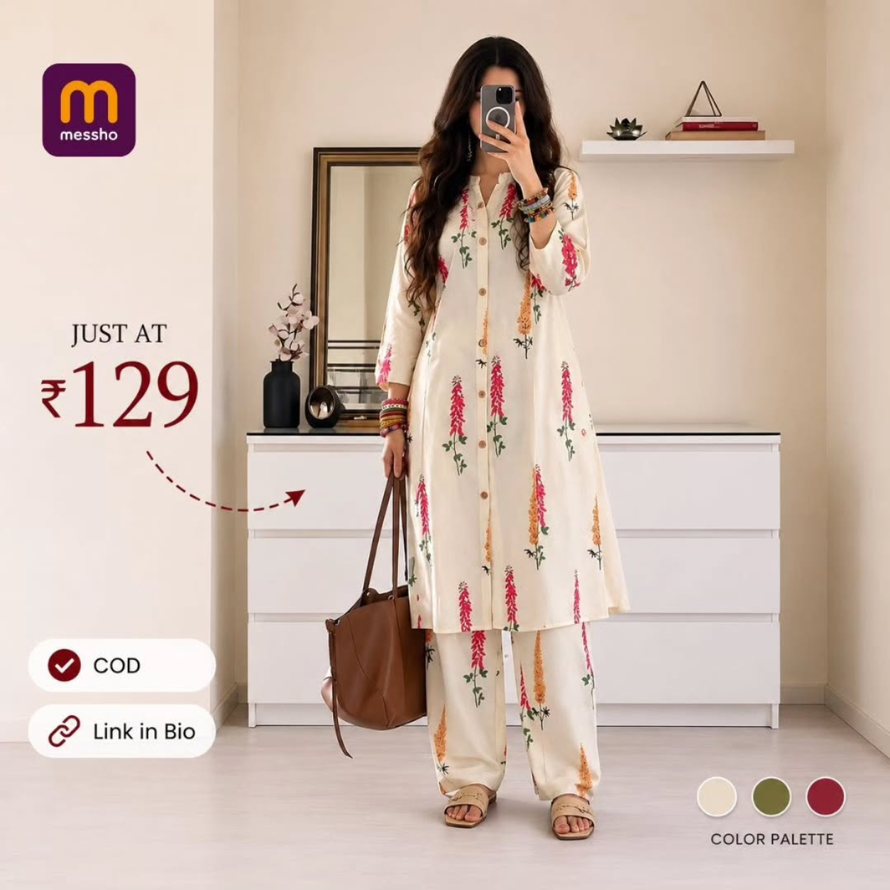 Floral Printed Mandarin Collar Kurta With Palazzos