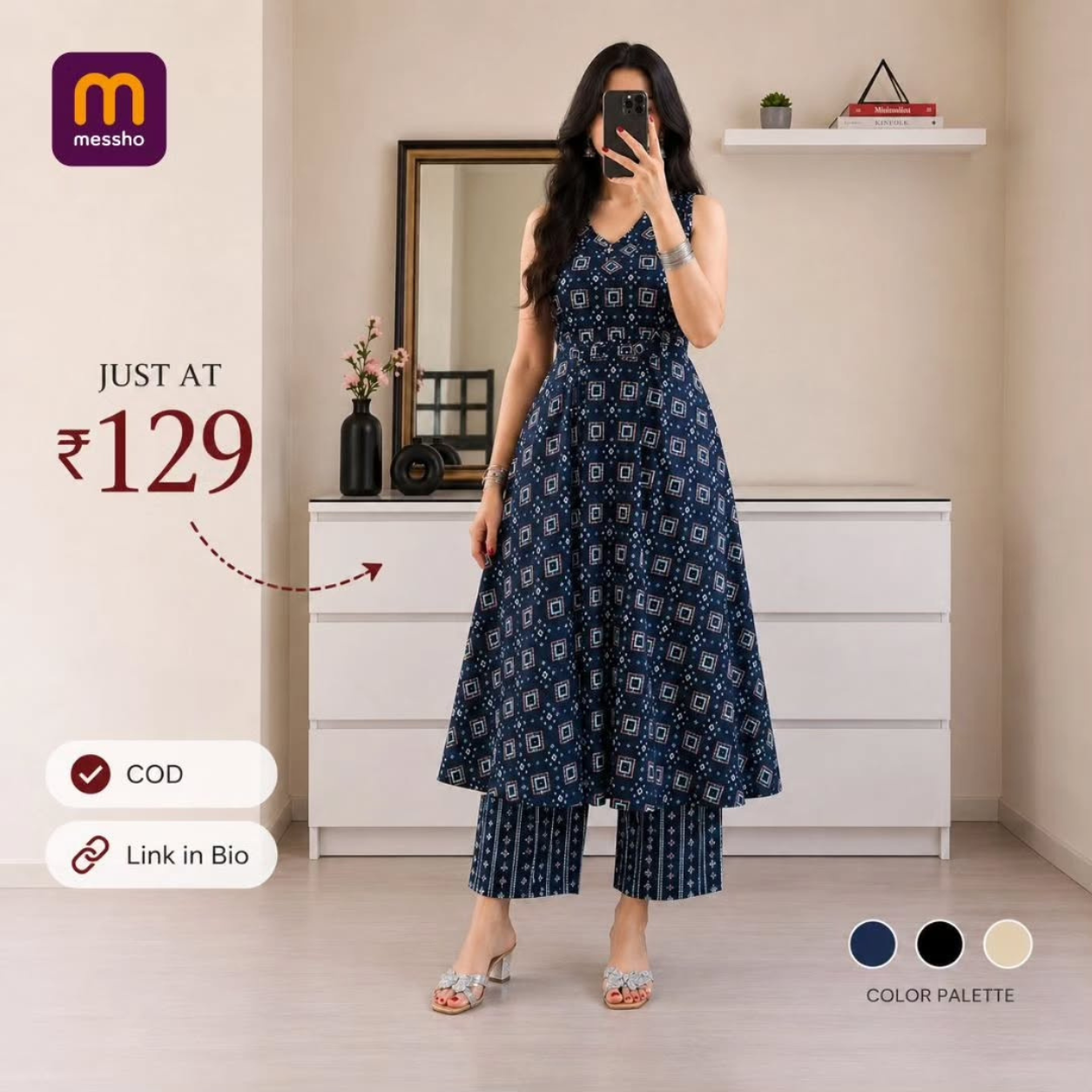 Stylish Back Lace-Up Printed Anarkali Kurti with Pants Set for Women
