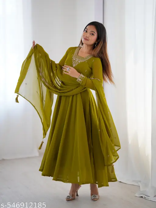 Olive Green Anarkali Suit Embroidered Dupatta Set Indian Ethnic Wear for Women Festive Anarkali Dress Chiffon Anarkali with Dupatta Traditional Indian Outfit Party Wear Ethnic Dress Designer Anarkali Gown Women’s Ethnic Gown Set Long Flared Indian Dress